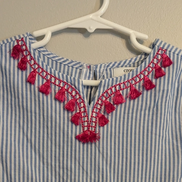 Crown & Ivy Kids Blue White Striped Pink Tassel Shirt Blouse - Size 6 - Picture 2 of 7